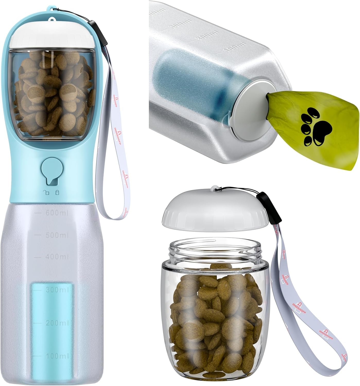 Portable Dog Water Bottle with Food Container & Poop Bag Dispenser