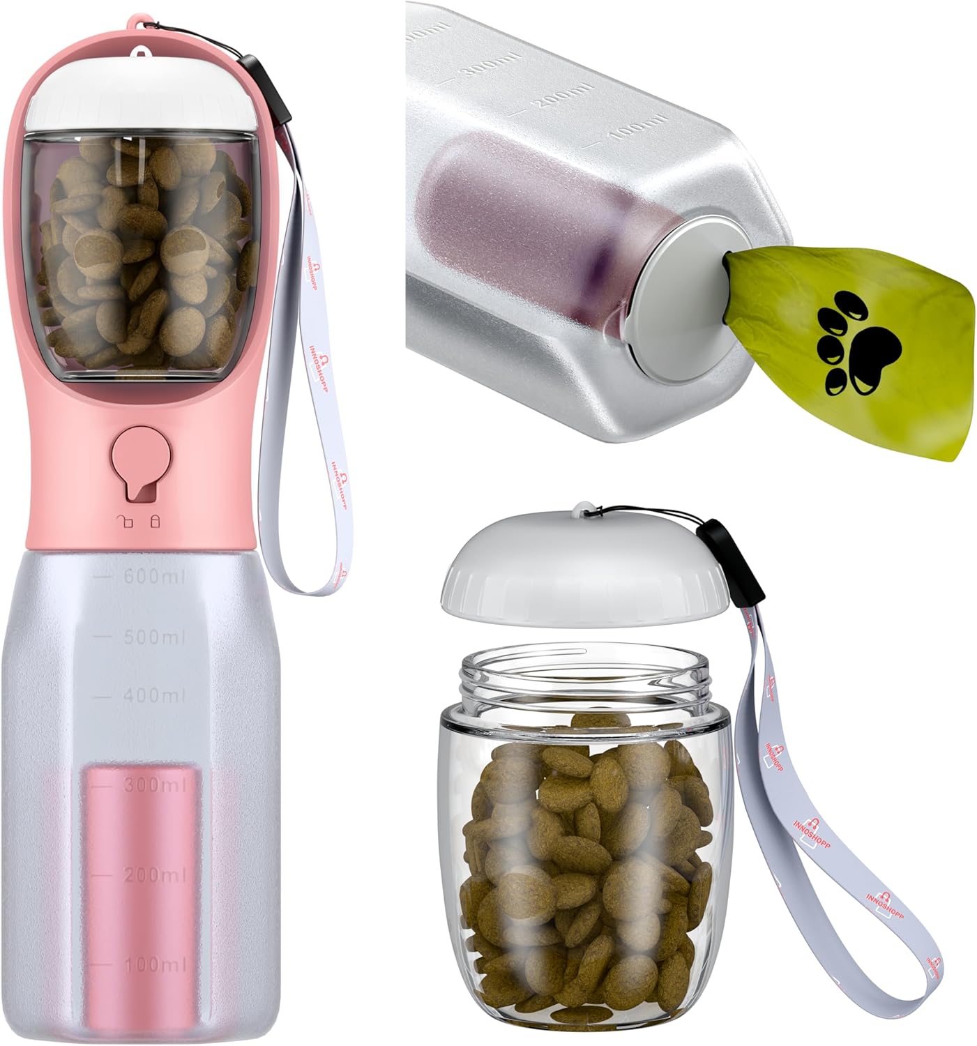 Portable Dog Water Bottle with Food Container & Poop Bag Dispenser