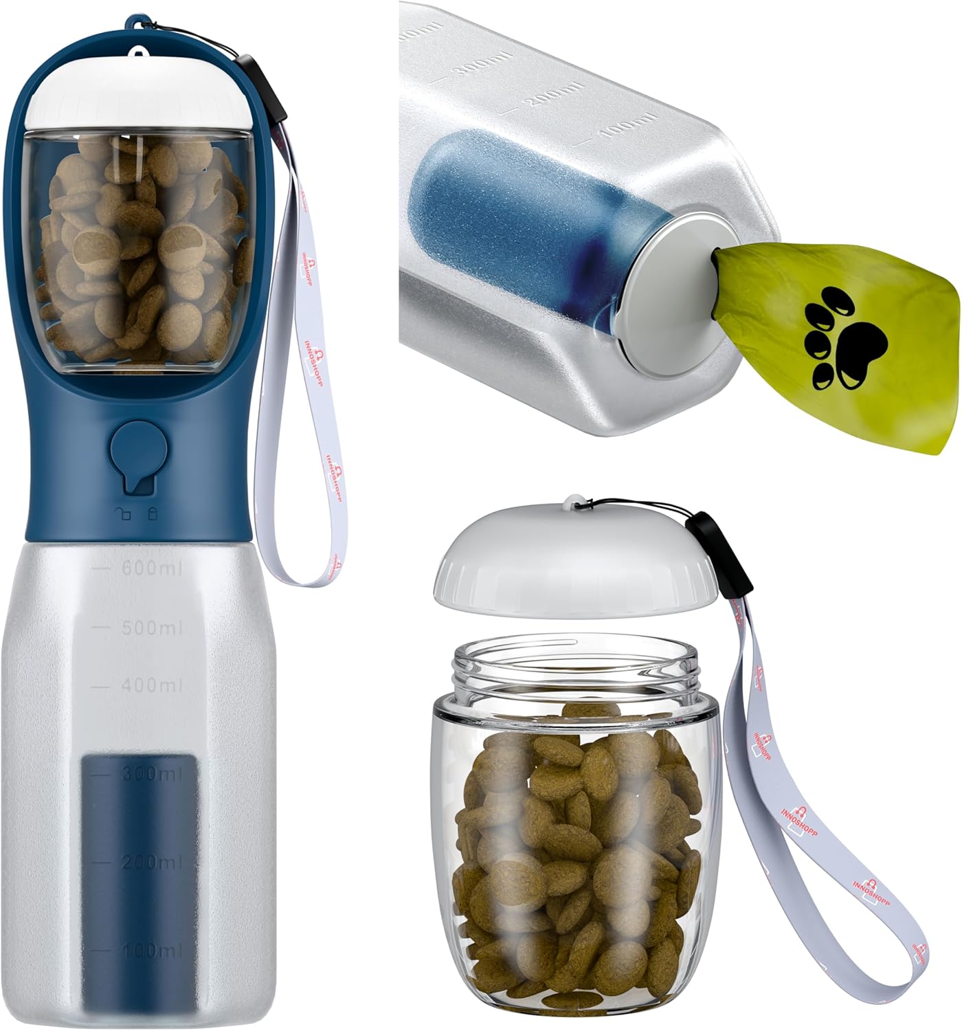 Portable Dog Water Bottle with Food Container & Poop Bag Dispenser