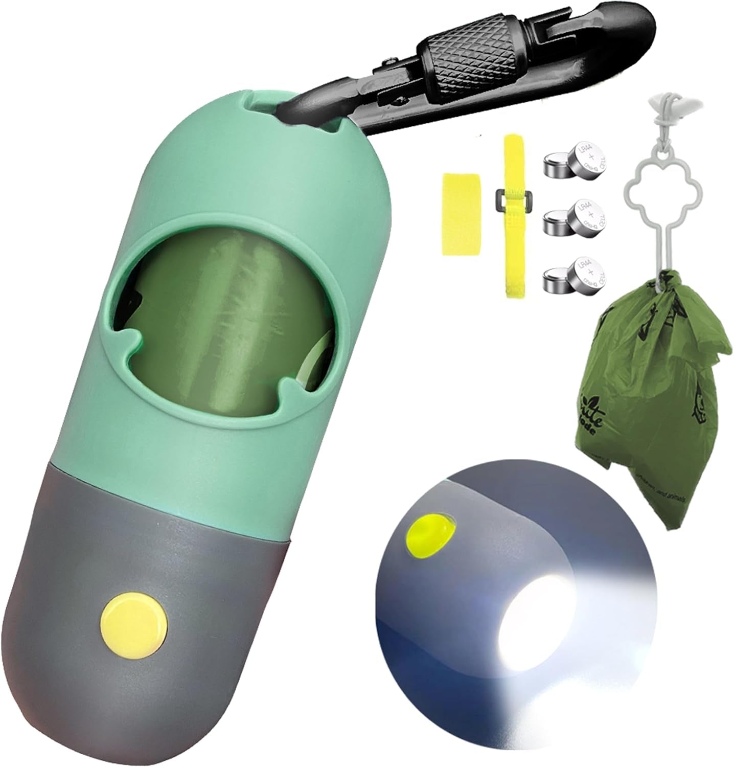 Dog Poop Bag Dispenser with Built-In LED Flashlight and Metal Clip for Leash; Dog Waste Dispenser in (Mint Green)