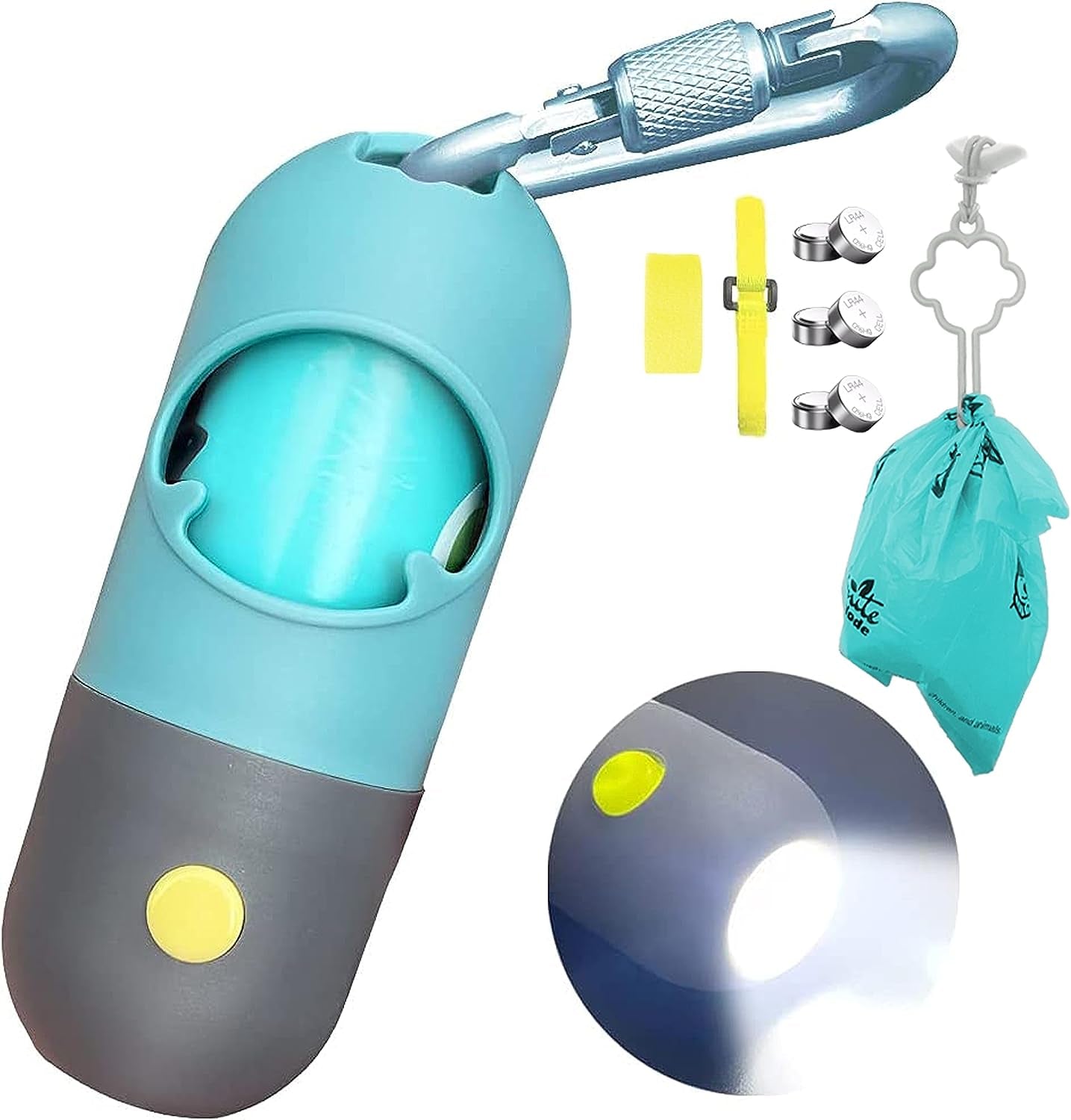 Dog Poop Bag Dispenser with Built-In LED Flashlight and Metal Clip for Leash; Dog Waste Dispenser in (Crystal Blue)